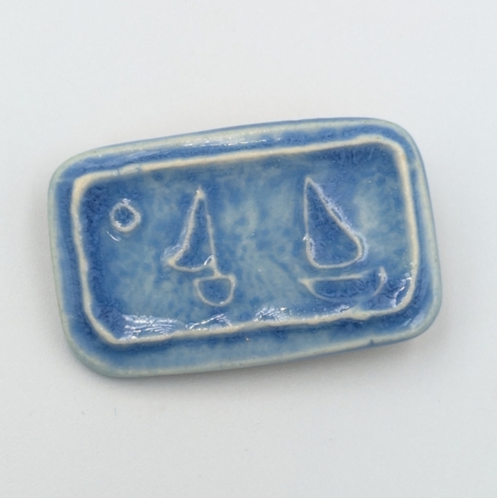 Handmade artisan ceramic blue brooch pin with sailboats